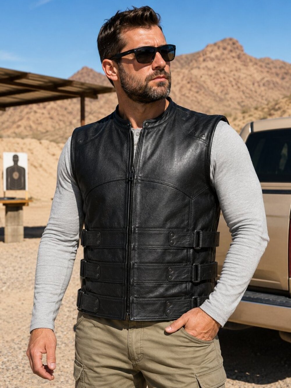 Men's Tactical Leather Concealed Carry Vest Hidden Gun Pockets Adjustable Fit